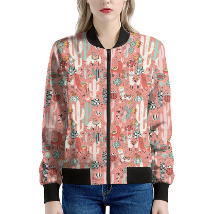 Happy Llama Pattern Print Women's Bomber Jacket