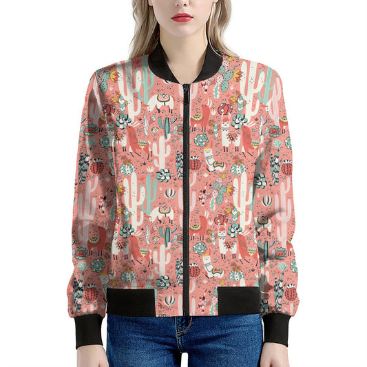 Happy Llama Pattern Print Women's Bomber Jacket