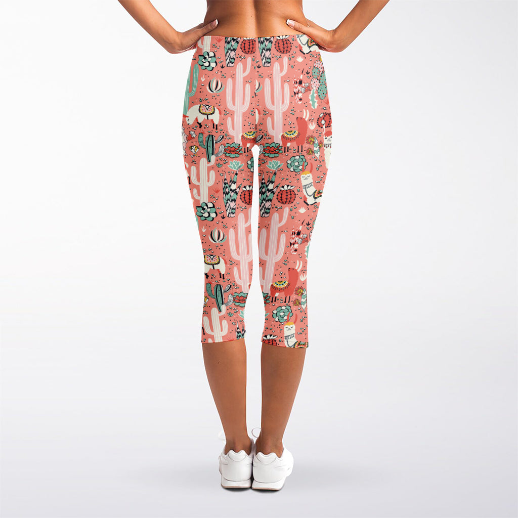 Happy Llama Pattern Print Women's Capri Leggings