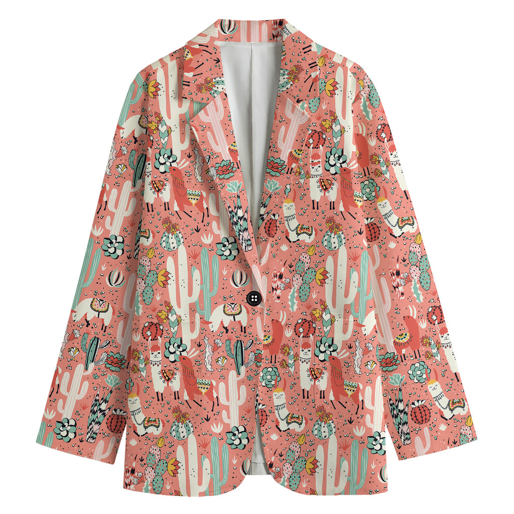 Happy Llama Pattern Print Women's Cotton Blazer