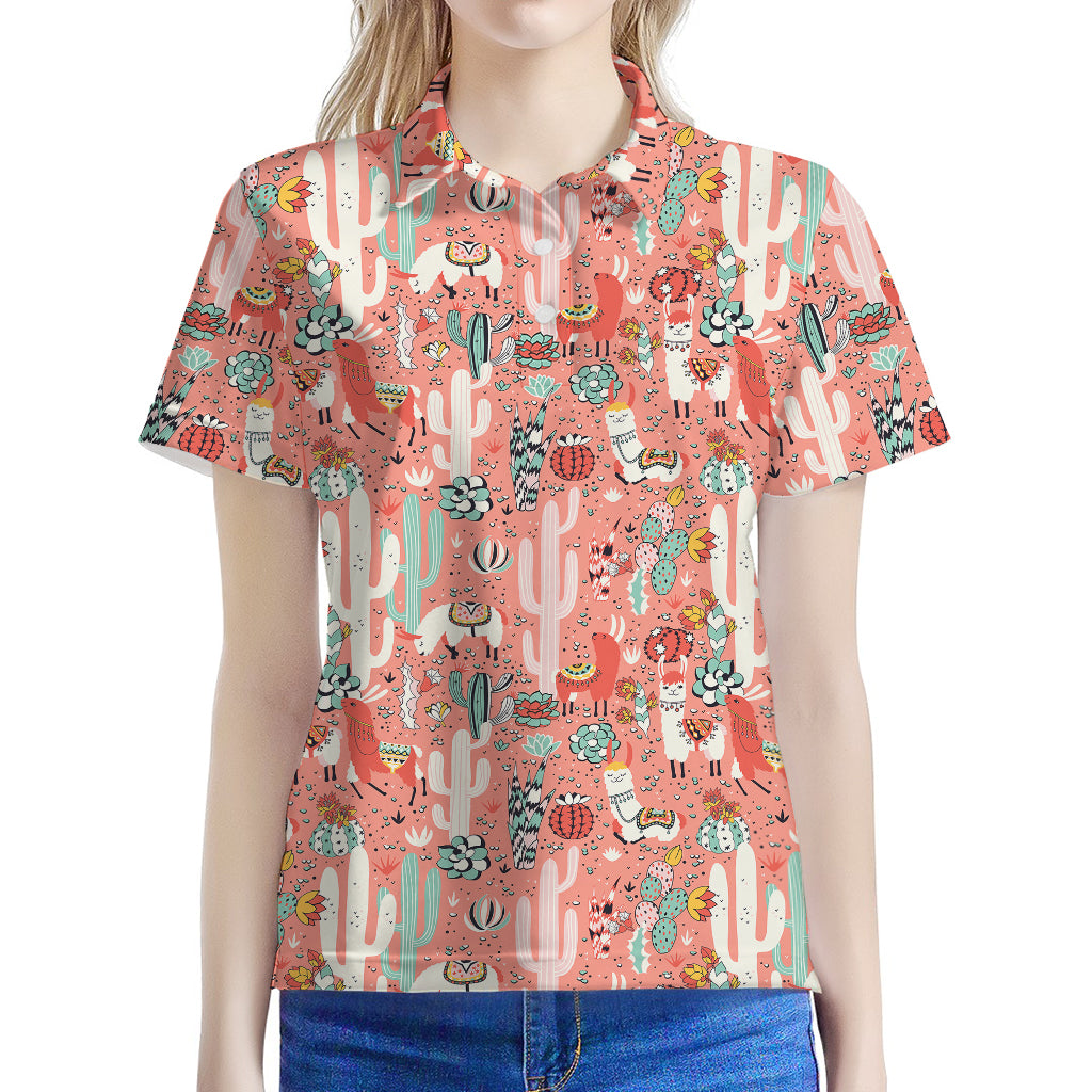 Happy Llama Pattern Print Women's Polo Shirt