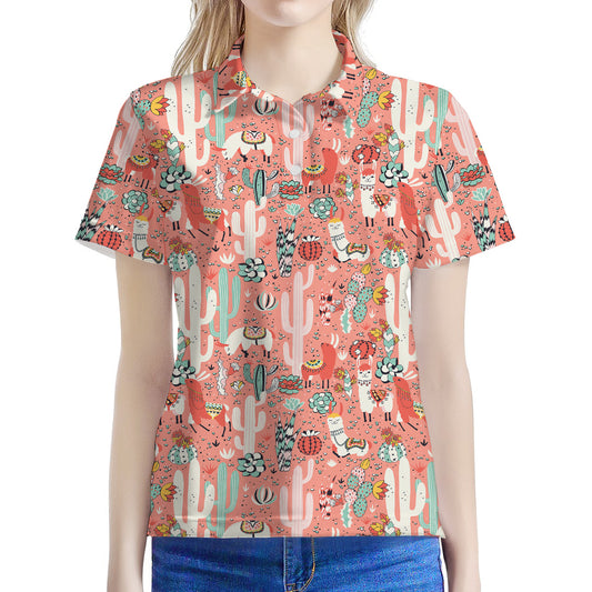 Happy Llama Pattern Print Women's Polo Shirt
