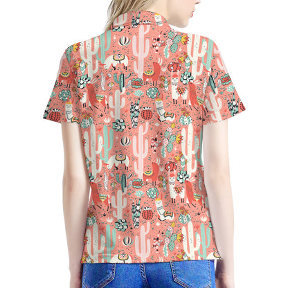 Happy Llama Pattern Print Women's Polo Shirt
