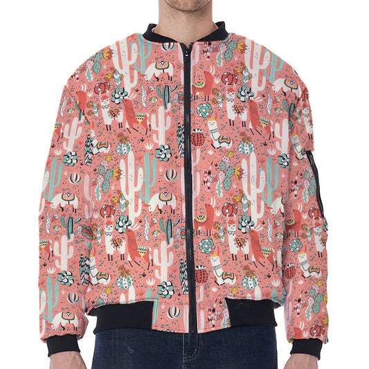 Happy Llama Pattern Print Zip Sleeve Bomber Jacket