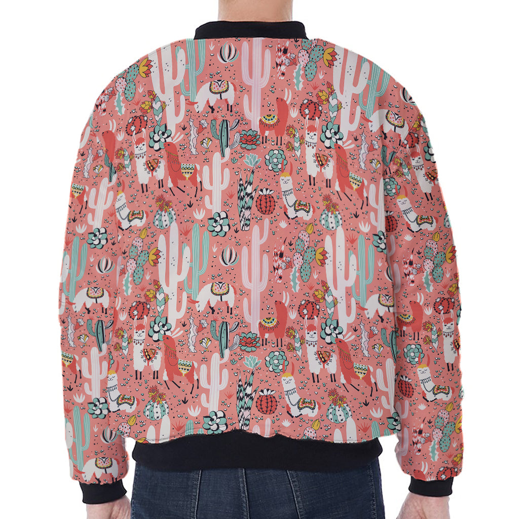Happy Llama Pattern Print Zip Sleeve Bomber Jacket