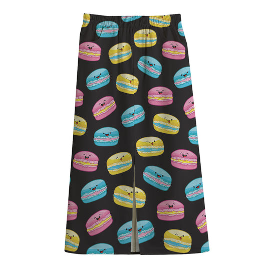 Happy Macarons Pattern Print Cotton Front Slit Maxi Skirt