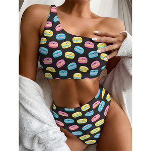 Happy Macarons Pattern Print One Shoulder Bikini Top