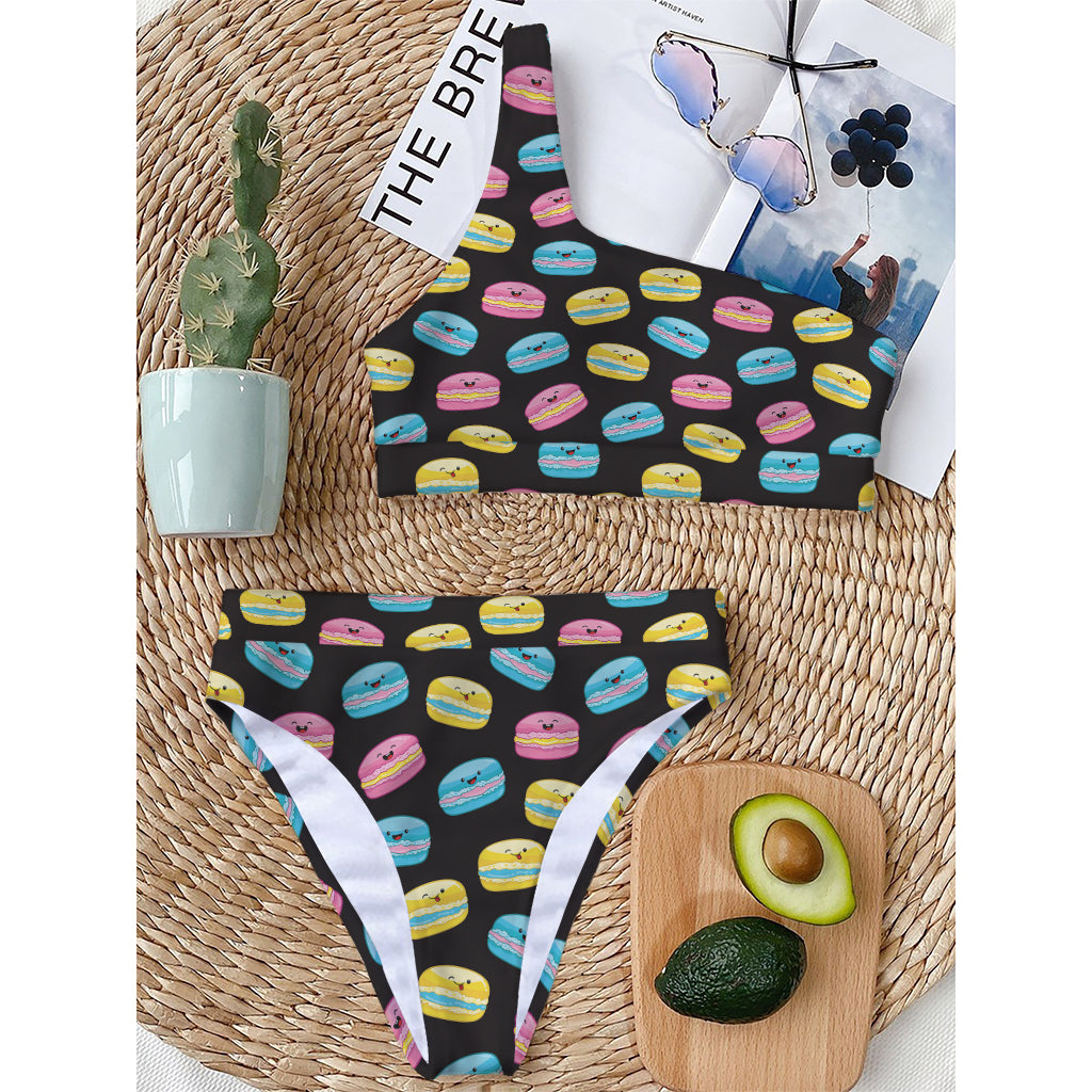 Happy Macarons Pattern Print One Shoulder Bikini Top