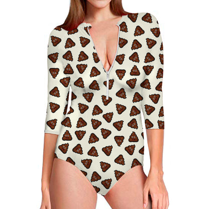 Happy Poop Pattern Print Long Sleeve Swimsuit