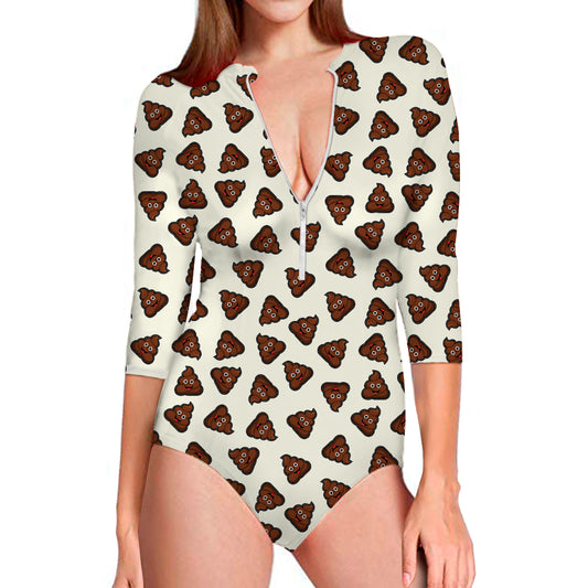 Happy Poop Pattern Print Long Sleeve Swimsuit