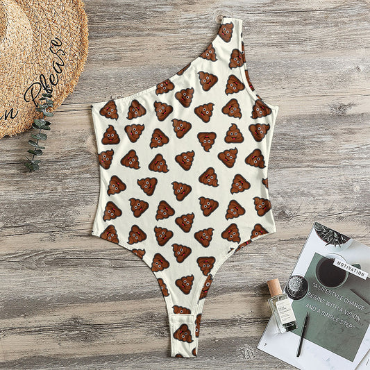 Happy Poop Pattern Print One Shoulder Bodysuit