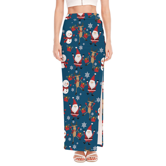 Happy Santa Claus Pattern Print High Slit Maxi Skirt