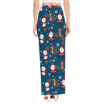 Happy Santa Claus Pattern Print High Slit Maxi Skirt