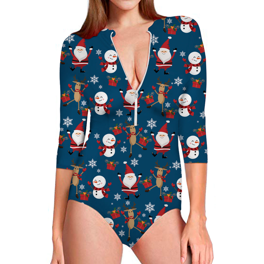 Happy Santa Claus Pattern Print Long Sleeve Swimsuit