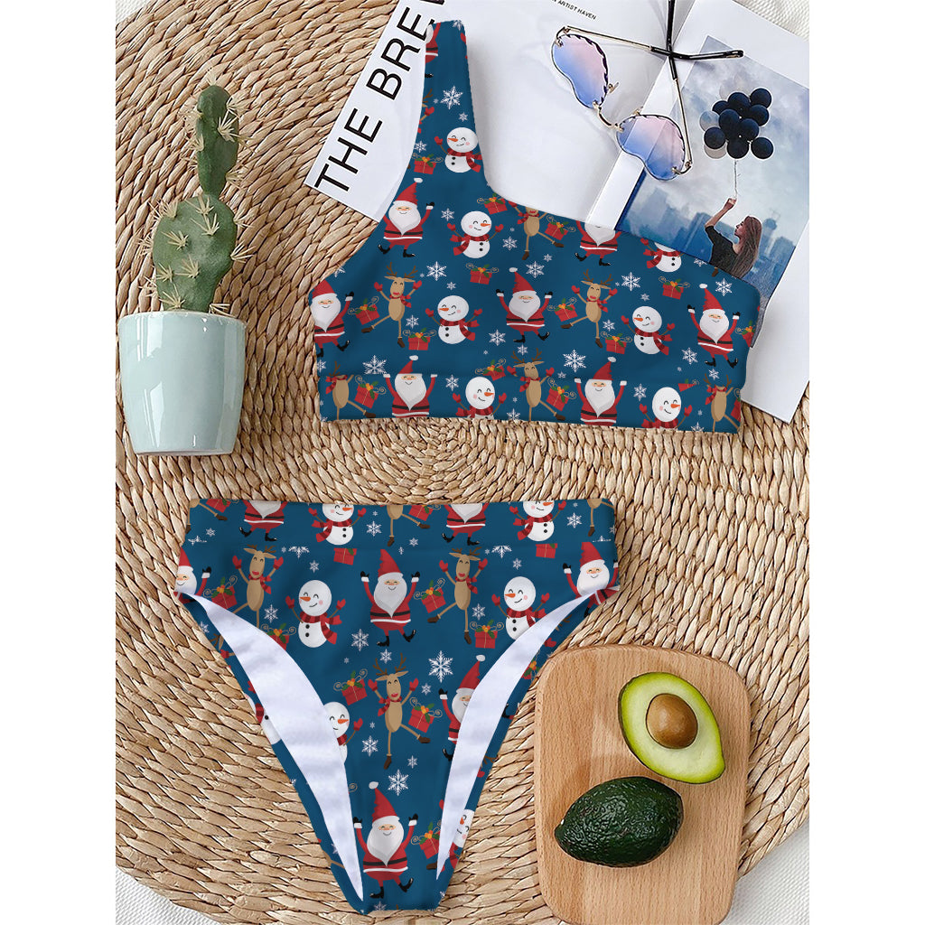 Happy Santa Claus Pattern Print One Shoulder Bikini Top