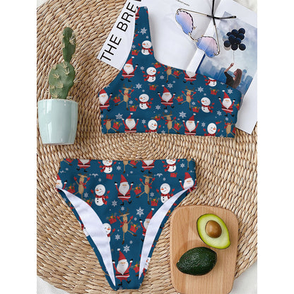 Happy Santa Claus Pattern Print One Shoulder Bikini Top