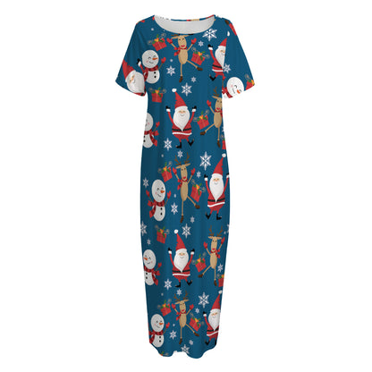 Happy Santa Claus Pattern Print Short Sleeve Long Nightdress