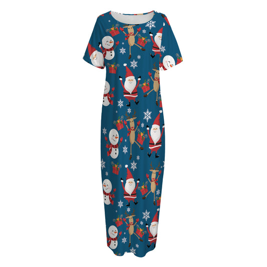 Happy Santa Claus Pattern Print Short Sleeve Long Nightdress