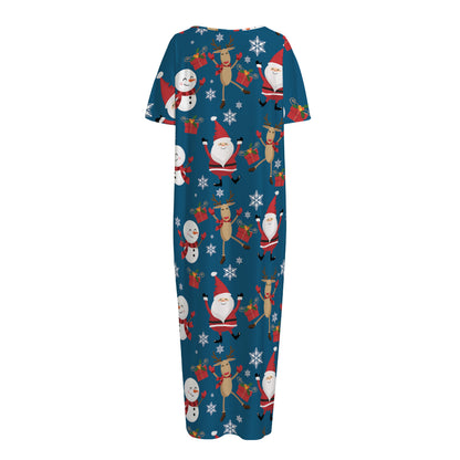 Happy Santa Claus Pattern Print Short Sleeve Long Nightdress