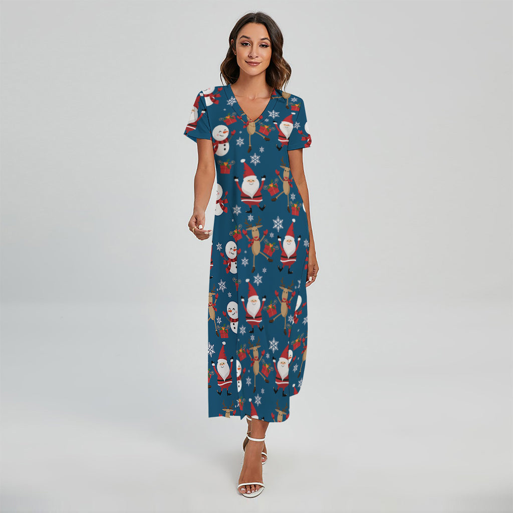 Happy Santa Claus Pattern Print Short Sleeve Maxi Dress