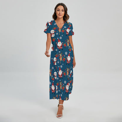 Happy Santa Claus Pattern Print Short Sleeve Maxi Dress