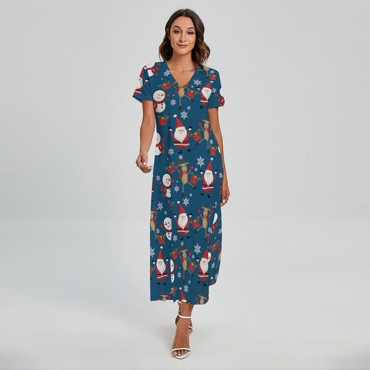 Happy Santa Claus Pattern Print Short Sleeve Maxi Dress