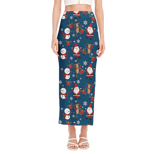 Happy Santa Claus Pattern Print Side Slit Maxi Skirt