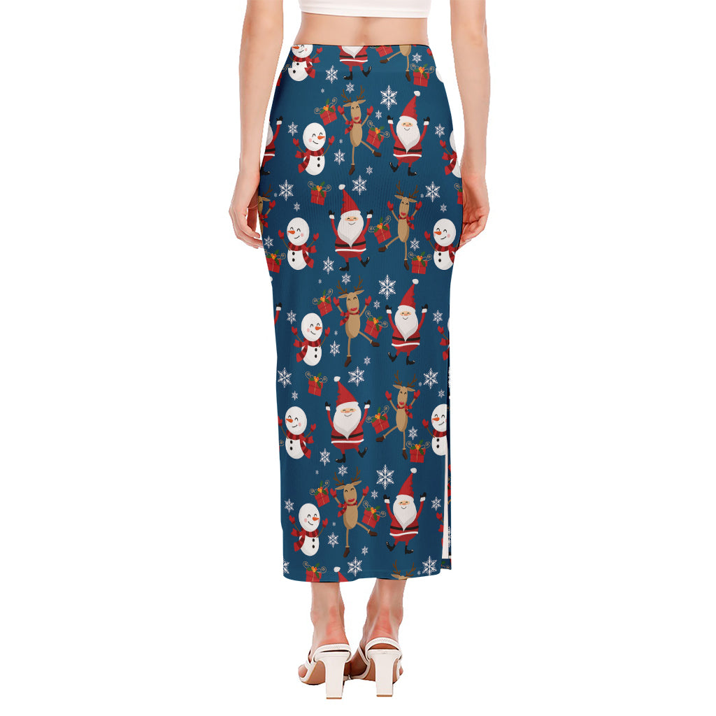 Happy Santa Claus Pattern Print Side Slit Maxi Skirt