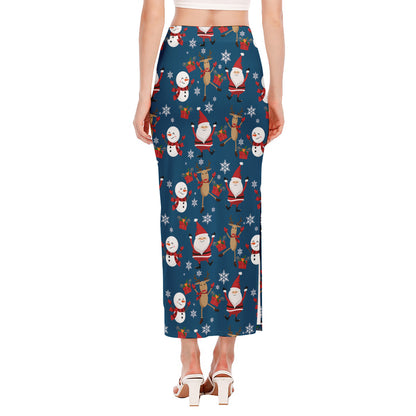 Happy Santa Claus Pattern Print Side Slit Maxi Skirt
