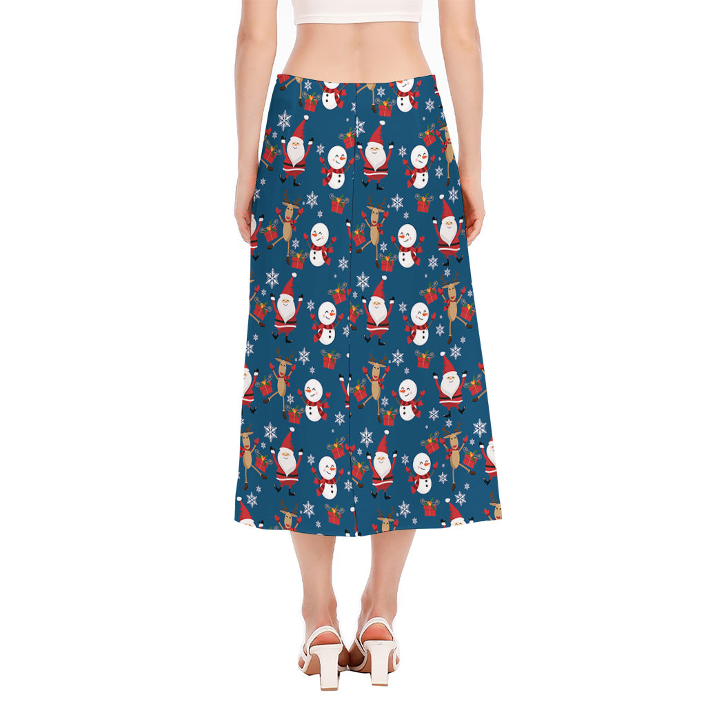 Happy Santa Claus Pattern Print Side Slit Midi Skirt