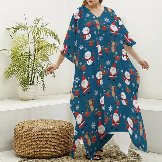 Happy Santa Claus Pattern Print Silk V-Neck Kaftan Dress