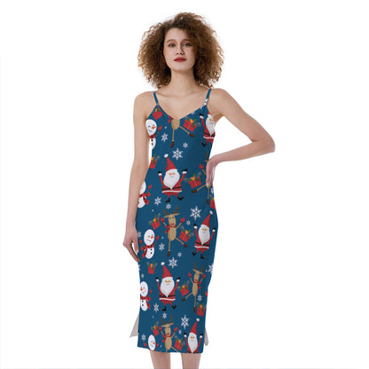 Happy Santa Claus Pattern Print Slim Fit Midi Cami Dress