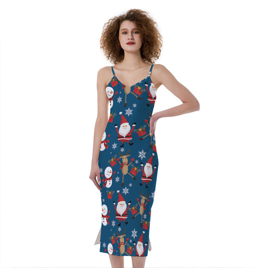 Happy Santa Claus Pattern Print Slim Fit Midi Cami Dress