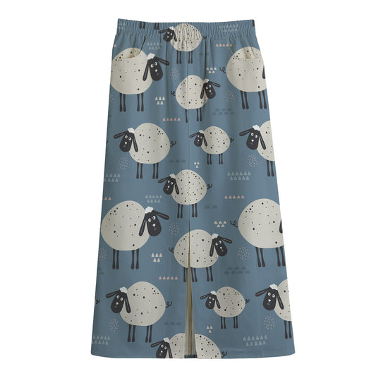 Happy Sheep Pattern Print Cotton Front Slit Maxi Skirt