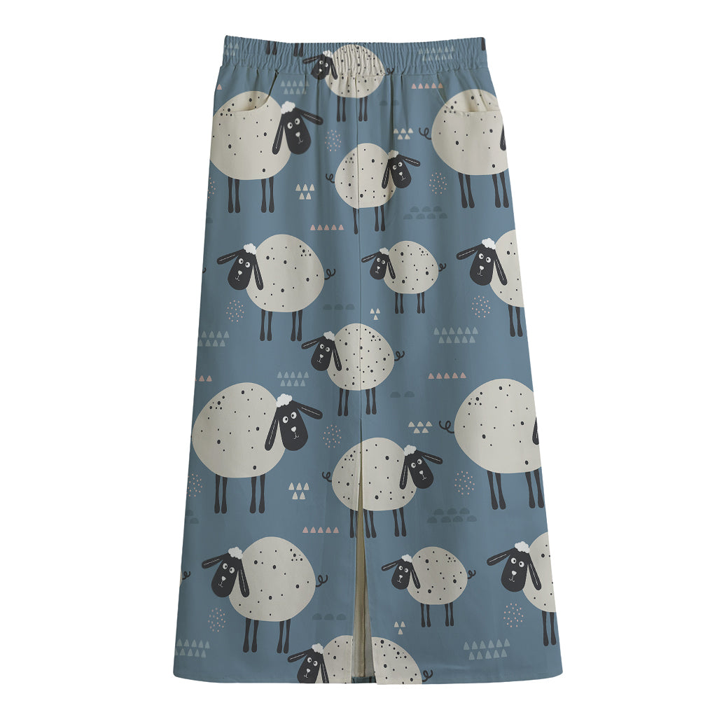 Happy Sheep Pattern Print Cotton Front Slit Maxi Skirt