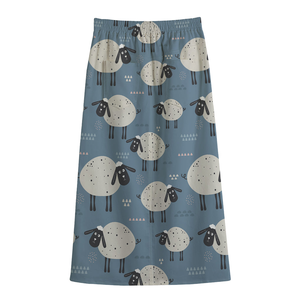 Happy Sheep Pattern Print Cotton Front Slit Maxi Skirt