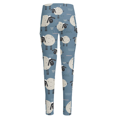 Happy Sheep Pattern Print High-Waisted Pocket Leggings