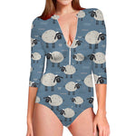 Happy Sheep Pattern Print Long Sleeve Swimsuit