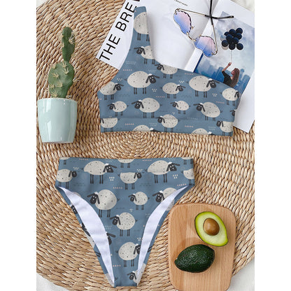 Happy Sheep Pattern Print One Shoulder Bikini Top