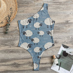 Happy Sheep Pattern Print One Shoulder Bodysuit
