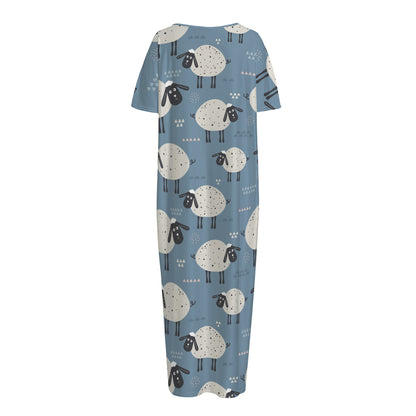 Happy Sheep Pattern Print Short Sleeve Long Nightdress