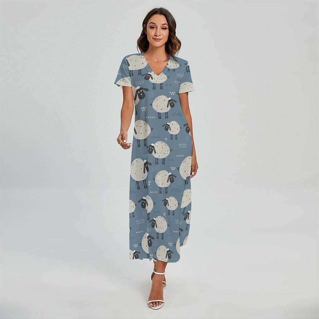 Happy Sheep Pattern Print Short Sleeve Maxi Dress