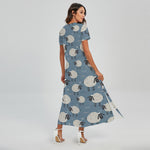 Happy Sheep Pattern Print Short Sleeve Maxi Dress