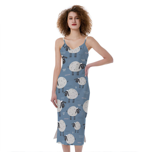 Happy Sheep Pattern Print Slim Fit Midi Cami Dress