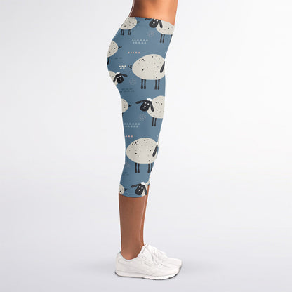 Happy Sheep Pattern Print Women's Capri Leggings