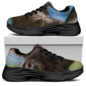 Happy Sloth Print Black Chunky Shoes