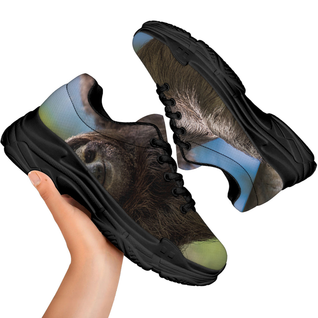 Happy Sloth Print Black Chunky Shoes