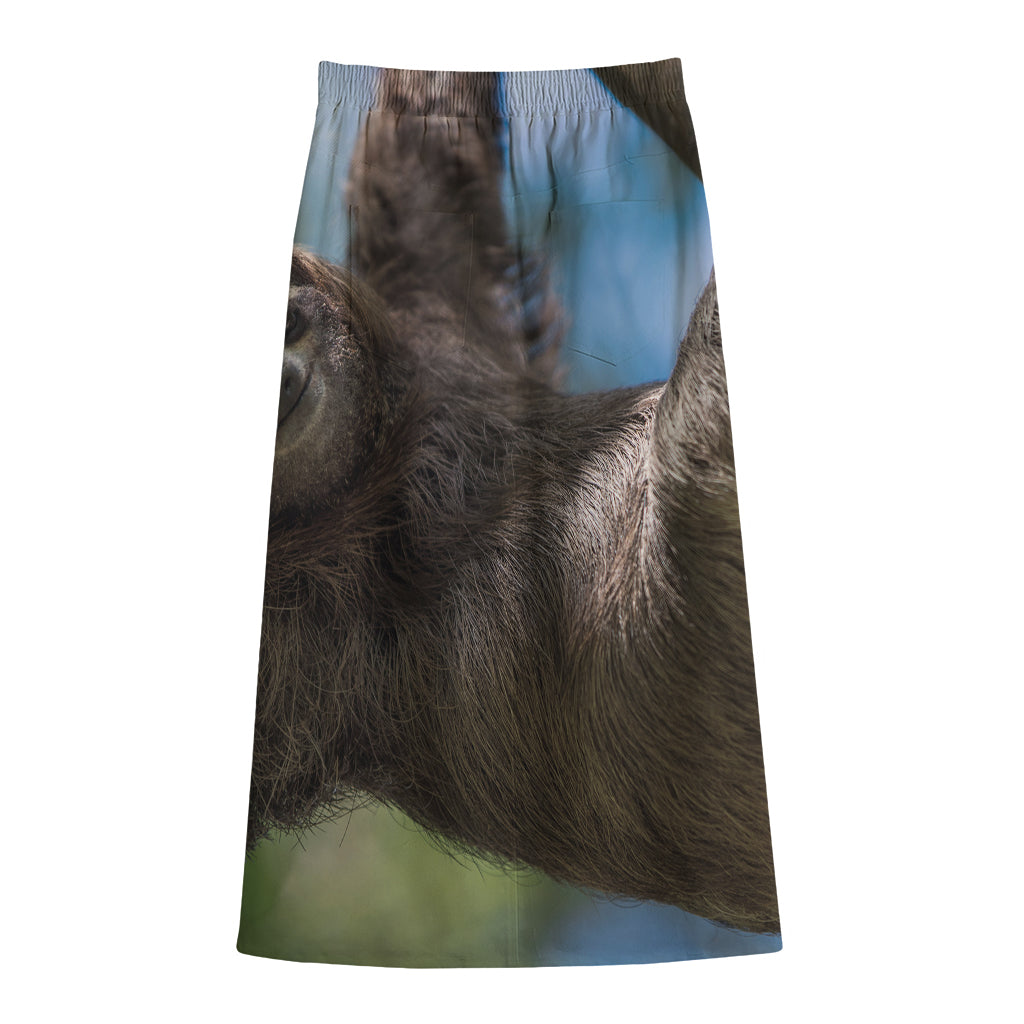 Happy Sloth Print Cotton Front Slit Maxi Skirt