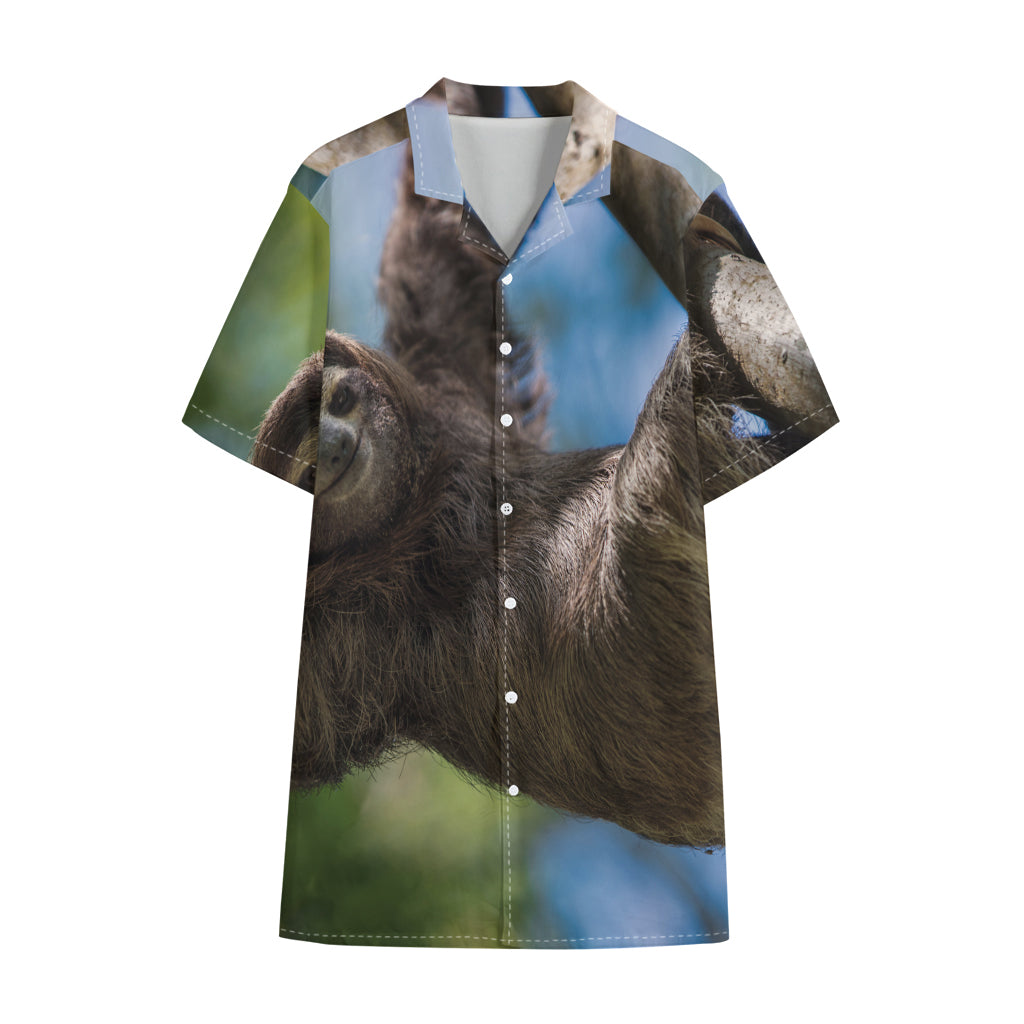 Happy Sloth Print Cotton Hawaiian Shirt