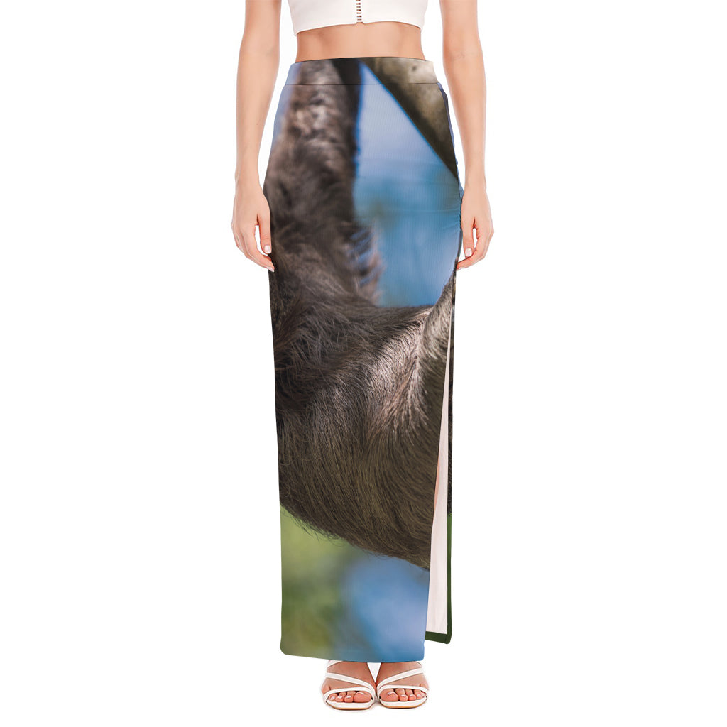 Happy Sloth Print High Slit Maxi Skirt